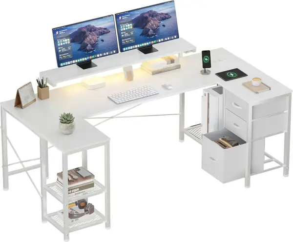 Eckschreibtisch Gaming Schreibtisch mit LED, Stauraum & 3…